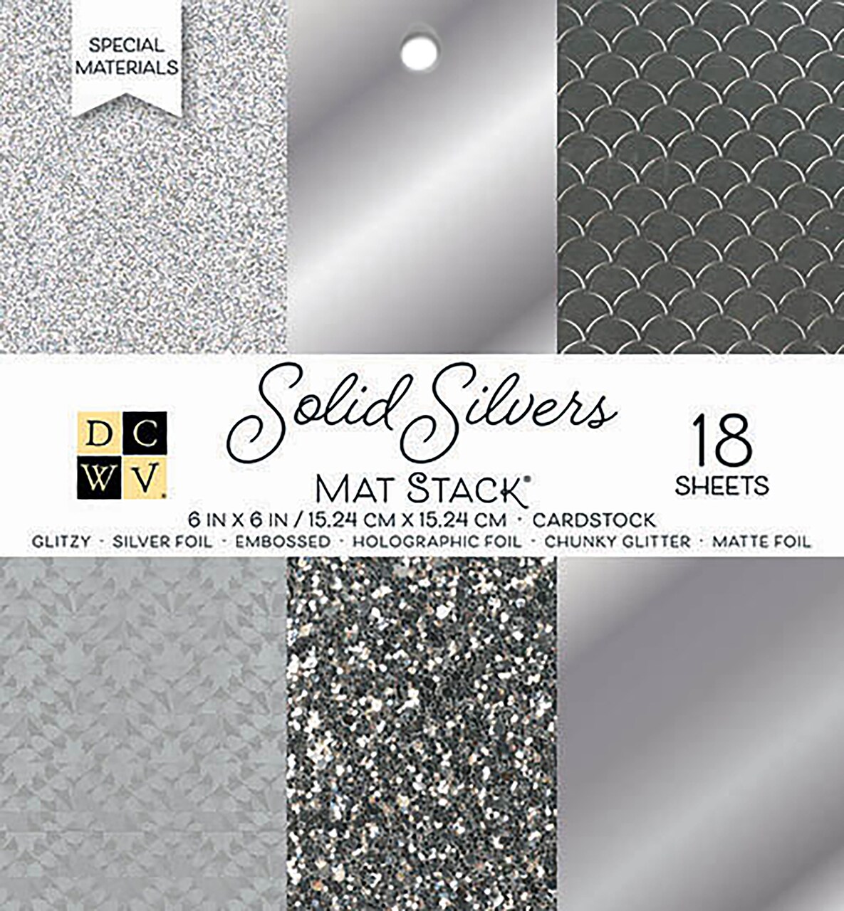 DCWV Single-Sided Cardstock Stack 6"X6" 18/Pkg-Solid Silvers Glitter & Foil, 6 Designs